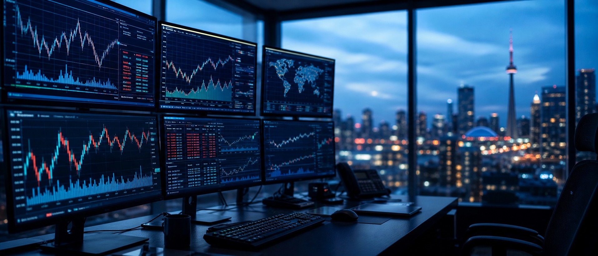 Financial news broadcast studio with live market data tickers and screens